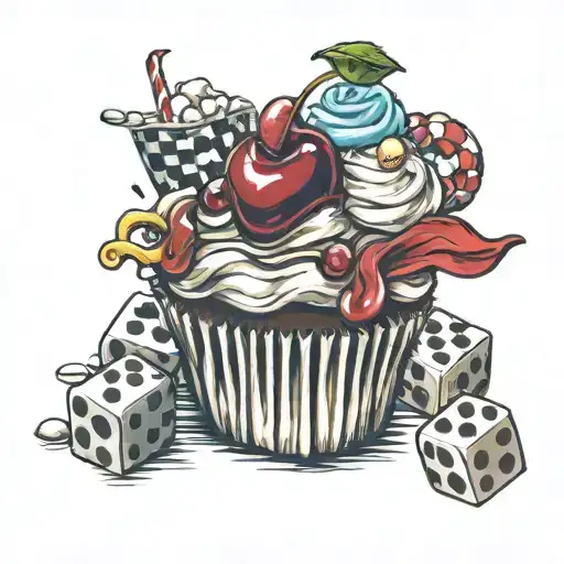 cupcake with cherry popcorn bucket racing checkered bel air dice  tattoo design idea