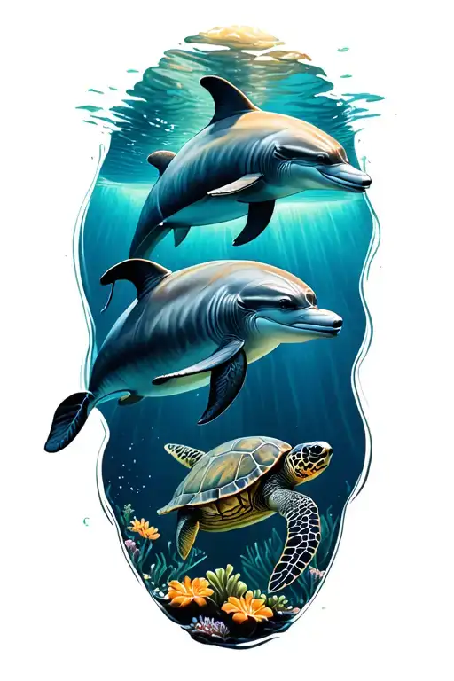 two dolphins and a sea turtle swimming in the ocean tattoo design idea