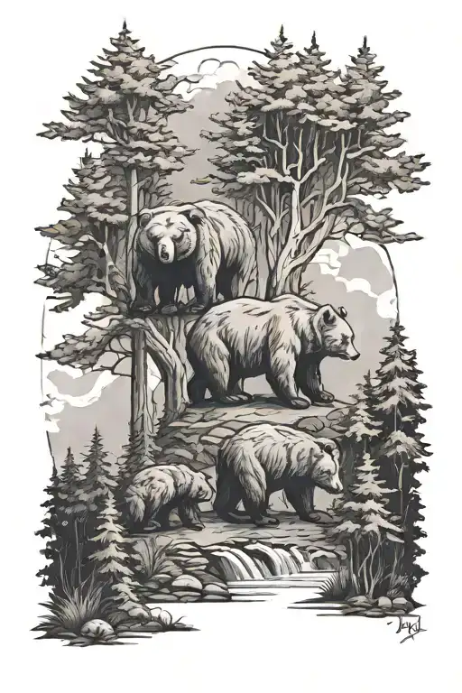 Three bears on a forest landscape tattoo  tattoo design idea