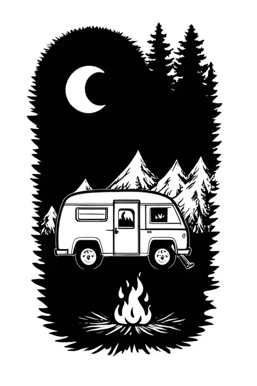 camping vibe, fire, camper car tattoo design idea