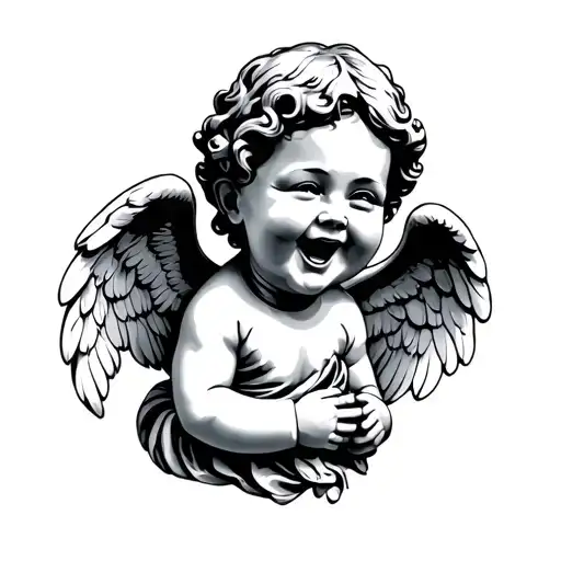 baby angel statue laughing tattoo design idea
