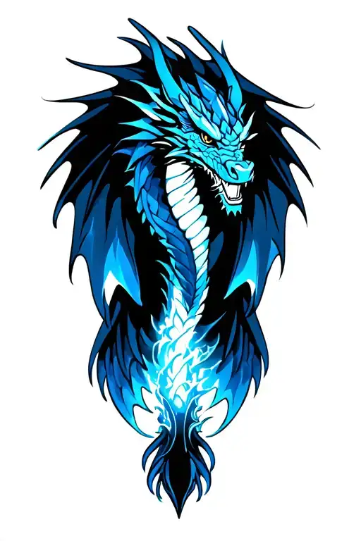 Nordic Dragon Flying with a bottom catillo and blue flashes tattoo design idea
