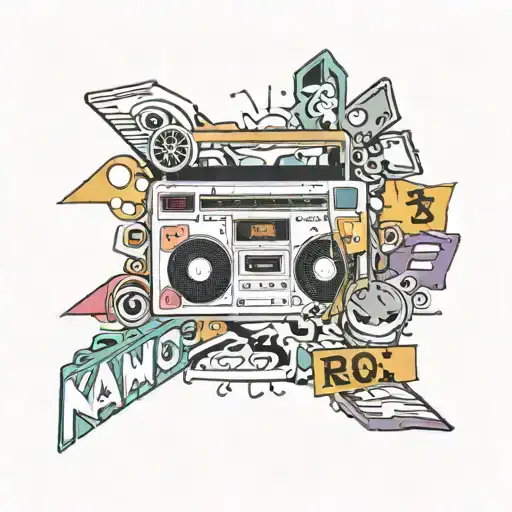 A new-school tattoo featuring a vibrant and colorful collage of 90's nostalgia icons such as cassette tapes, boomboxes, and graffiti art, with a subtle tribute to St. Louis in the background tattoo design idea