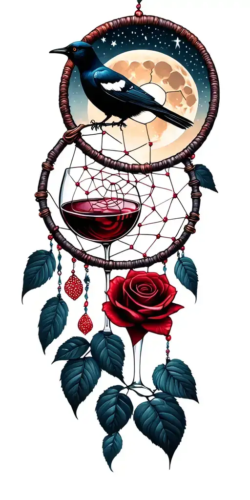 dream catcher. magpie. rose. Scorpio constellation. glass red wine. mountains. moon. husky  tattoo design idea
