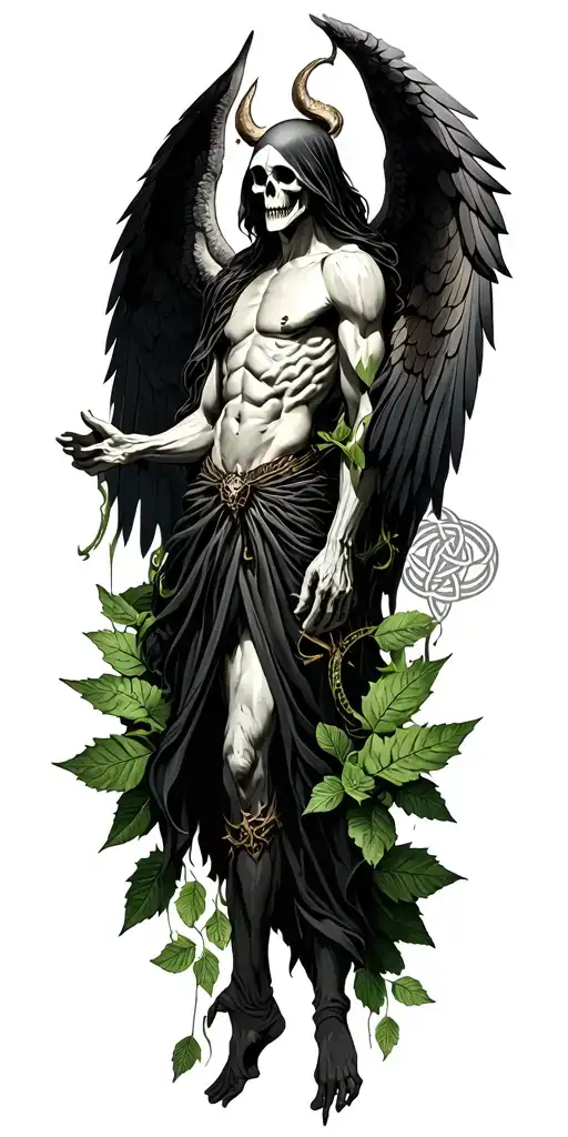 skinny Lucifer with wings in style of grim reaper surrounded by celtic leaves tattoo design idea