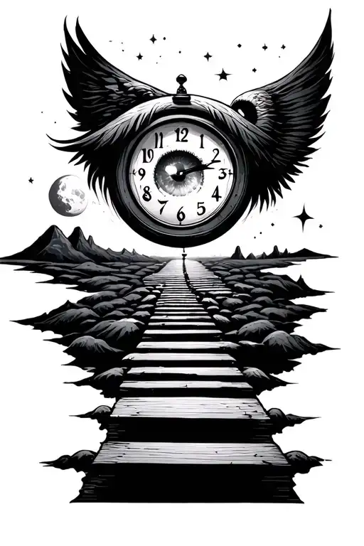 clock with an eye inside, pathway leading to the moon tattoo design idea