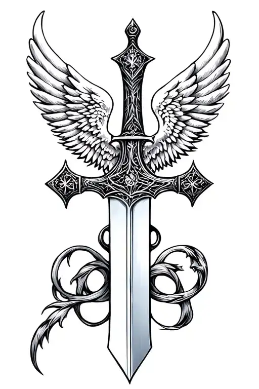 sword and wings as cross intertwined tattoo design idea