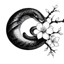 snake and sakura branch with crescent moon on collarbone tattoo design idea