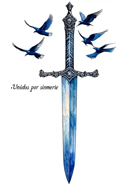 Sword with six birds flying around it. And it has to say "Unidos por siempre". Make the text a bit larger tattoo design idea