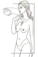 goddess of skills learned by necessity, short , enchanting eyes, wide hips, big boobs, dressed skimpy but royal & classy tattoo design idea