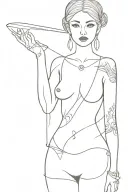 goddess of skills learned by necessity, short , enchanting eyes, wide hips, big boobs, dressed skimpy but royal & classy tattoo design idea