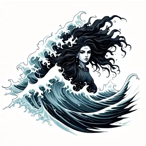 Yemaya on ocean wave crashing tattoo design idea