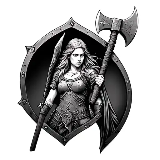 shield maiden with an axe tattoo design idea
