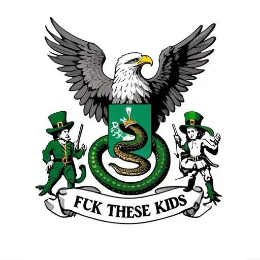 A coat of arms that includes a mexican eagle with a snake and with a leprechaun and, fuck these kids written in Latin  tattoo design idea