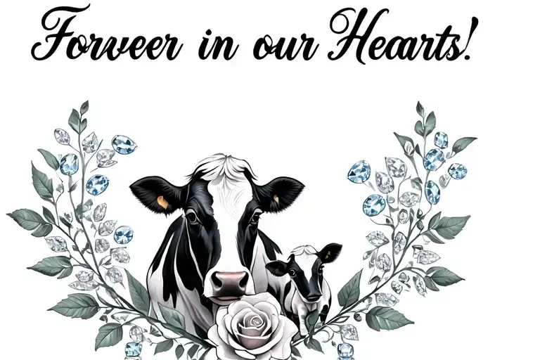 "Forever in our Hearts " "Forever in our Hearts " "Forever in our Hearts " "Forever in our Hearts " "Forever in our Hearts " Roses, diamonds,cow, and baby cow  tattoo design idea