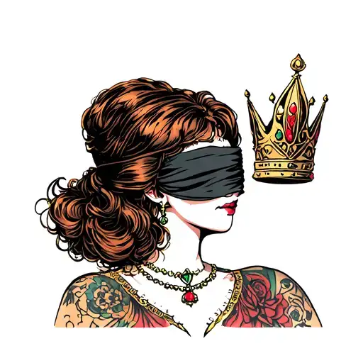 A blind queen with dark ginger hair wearing a blindfold covering her eyes and a crown tattoo design idea