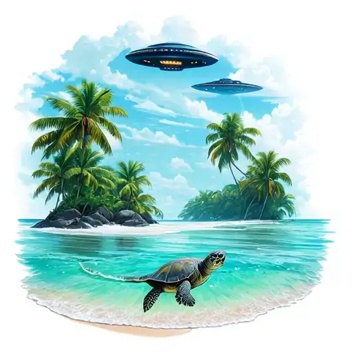 tropical scene with a ufo in the distance and a turtle swimming up to the beach tattoo design idea