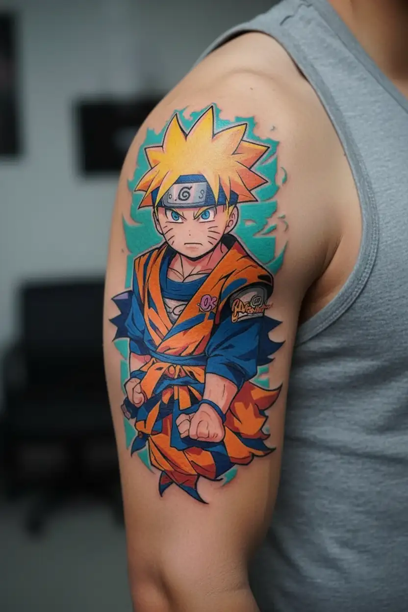 Naruto + Goku + Sukuna + Kaiju no8 tattoo design idea