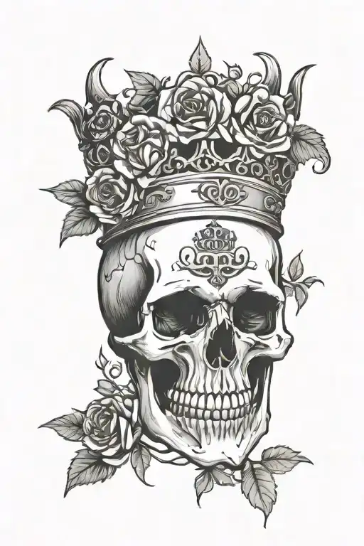 skull wearing a crown. grim reaper, wolf, flowers tattoo design idea