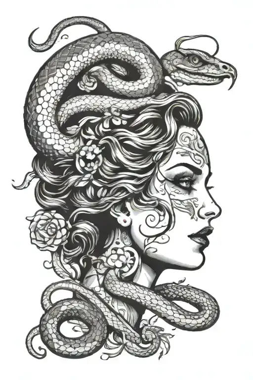 half decaying women face and snake slithering tattoo design idea