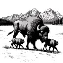 Grand Tetons mountains with a bull bison walking and two baby bison following behind  tattoo design idea
