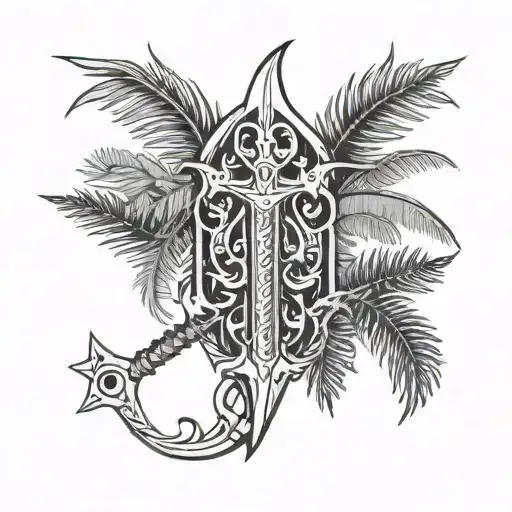 broken trident surrounded by palm trees growing tattoo design idea