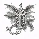 broken trident surrounded by palm trees growing tattoo design idea