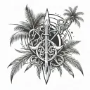 broken trident surrounded by palm trees growing tattoo design idea