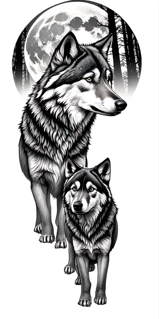 wolf pack male female and 2 pups in forest under full moon tattoo design idea