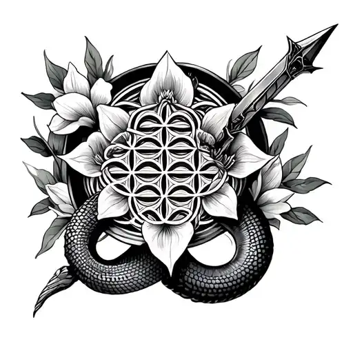 Dagger Snake and Flower of Life tattoo design idea