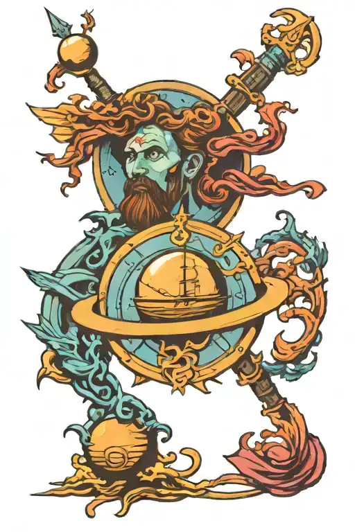 saturn and neptune trident tattoo design idea