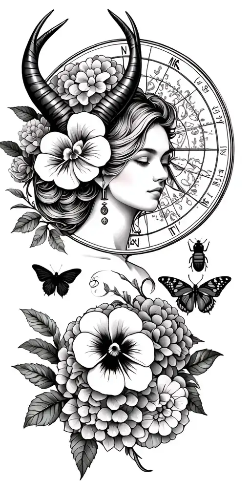Capricorn woman with horns, Libra symbols, scales, pansy flower, butterfly, astrology wheel, beetle, hydrangeas tattoo design idea