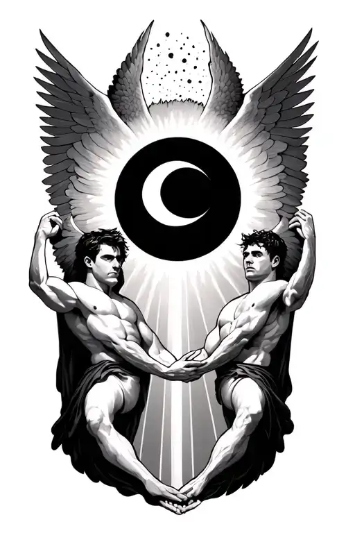 two male arcangels holding up a half sun half moon tattoo design idea