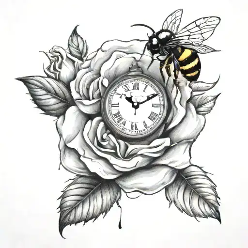 bee looking, rose and clock tattoo design idea