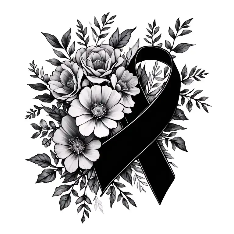 breast cancer awareness ribbon and bouquet tattoo design idea