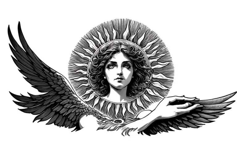 sun, with radiating rays. core empty with a woman's eyes in it. under the sun, icarus falling  tattoo design idea