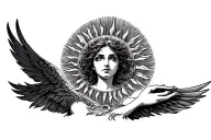 sun, with radiating rays. core empty with a woman's eyes in it. under the sun, icarus falling  tattoo design idea