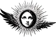 sun, with radiating rays. core empty with a woman's eyes in it. under the sun, icarus falling  tattoo design idea