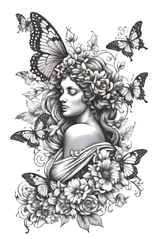 Body of Greek goddess sculpture surrounded by butterflies and bees tattoo design idea