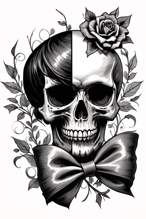 skull half manly half girly with bow tattoo design idea