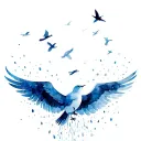 Angle wings, left wing falling feathers that gather below at top feathers turn into birds flying away, on right all ok tattoo design idea