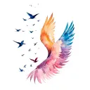 Angle wings, left wing falling feathers that gather below at top feathers turn into birds flying away, on right all ok tattoo design idea