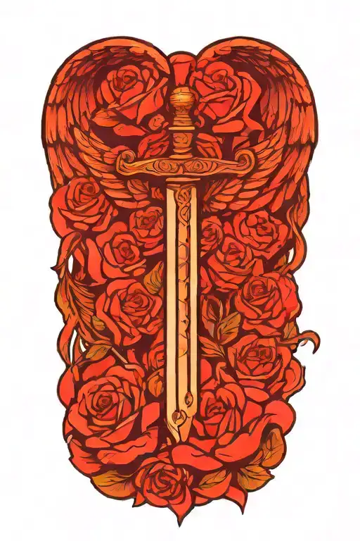 angel wings behind a sword, roses tattoo design idea