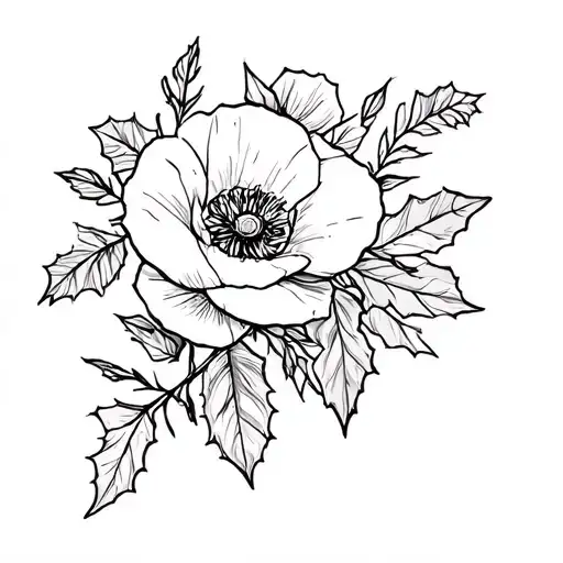 fine line , poppy violets , rose, holly flowers tattoo design idea