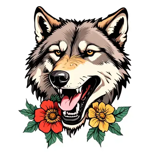 american traditional wolf head side view with teeth and with a couple flowers under tattoo design idea