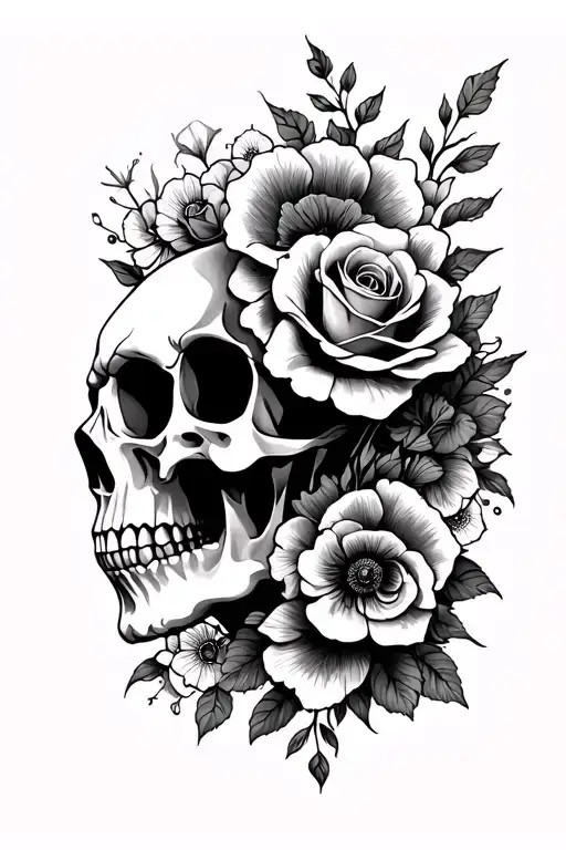 side profile of skull with roses and poppies and a mandala design incorporating tattoo design idea