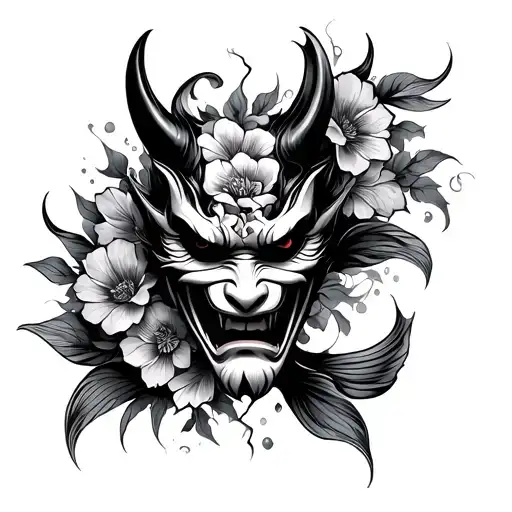 oni hannya mask broken with flowers and Koi fish swimming tattoo design idea