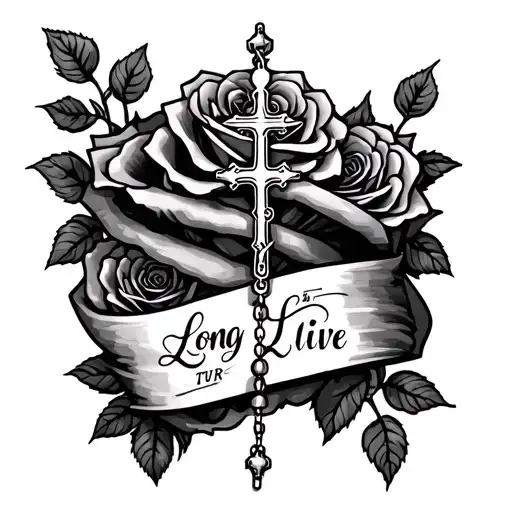 roses wrapping around with rosary cross and words that say long live and tjr tattoo design idea