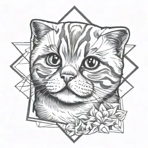 The face of a Scottish Fold cat is placed in a star tattoo design idea