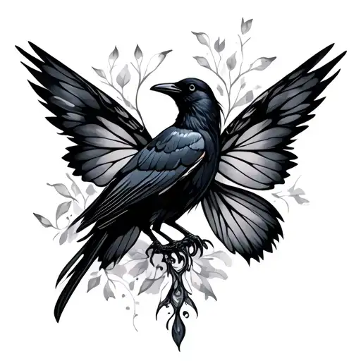 1 black crow earthy feminine fairy wings on side of the road tattoo design idea